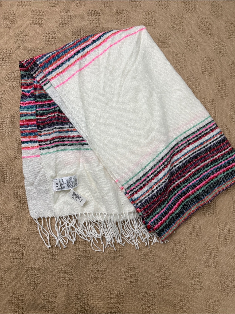 Gap White Fringe Throw with Multicolor Stripe Accents